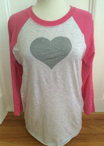 White & Pink Baseball Tee Silver Heart