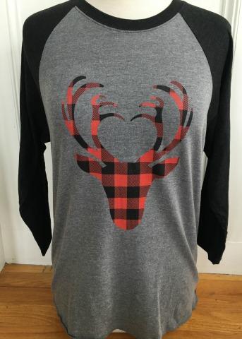 Grey & Black Baseball Tee Plaid Antlers