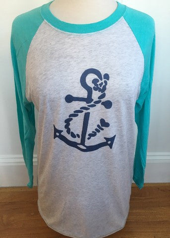 White & Aqua Baseball Tee Navy Anchor