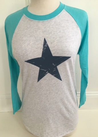 White & Aqua Baseball Tee Navy Star – Tamara Boston