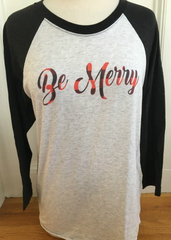 White & Black Baseball Tee Plaid Be Merry