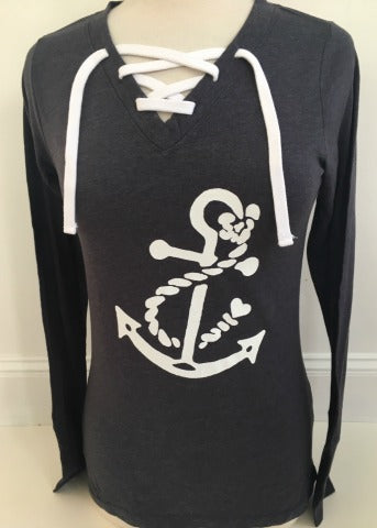 Navy Lace Up Long Sleeve White Anchor