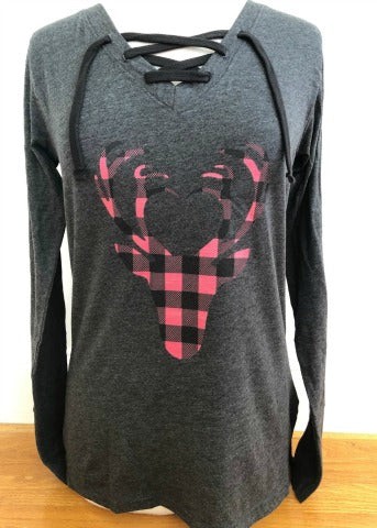 Charcoal Lace Up Long Sleeve Red Antlers