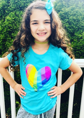 Turquoise Little Girls Tee Rainbow Heart