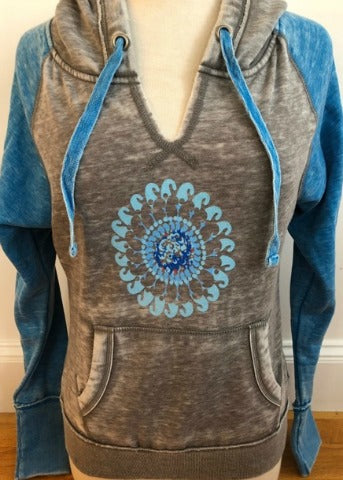 Vintage Grey-Turquoise Hoodie with Turquoise Flower