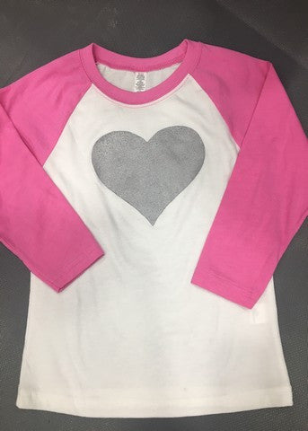 White & Pink Girls Baseball Tee Silver Heart